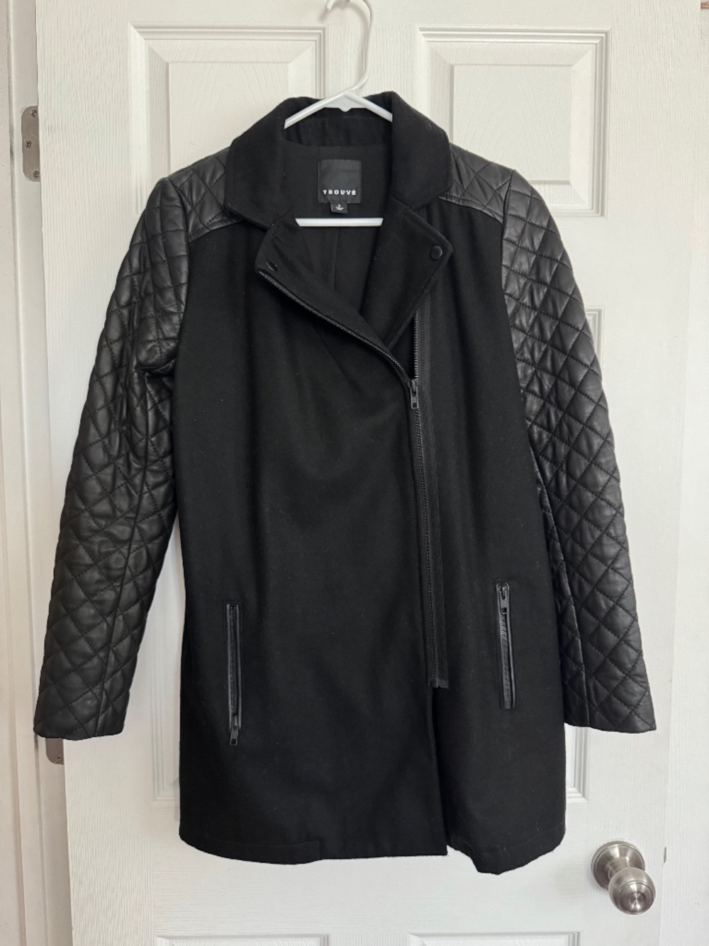 Trouve Wool Faux Leather Coat - Black - Size Small